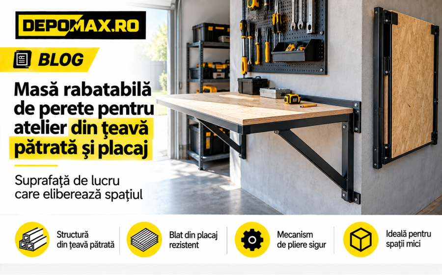 Masă rabatabilă de atelier cu blat din placaj și console din țeavă pătrată neagră, montată pe un perete de garaj